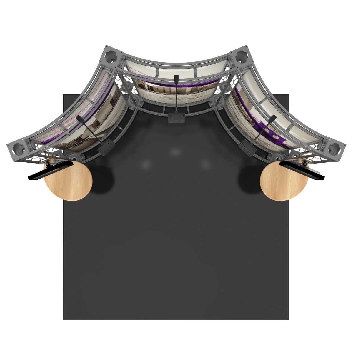 Curved truss display with fabric graphics and mounted monitors for trade show exhibit setup