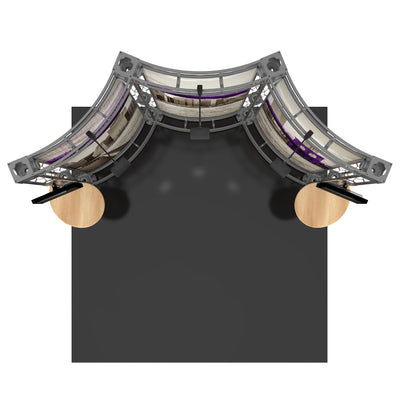 Curved truss display with fabric graphics and mounted monitors for trade show exhibit setup