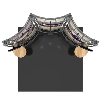 Curved truss display with fabric graphics and mounted monitors for trade show exhibit setup