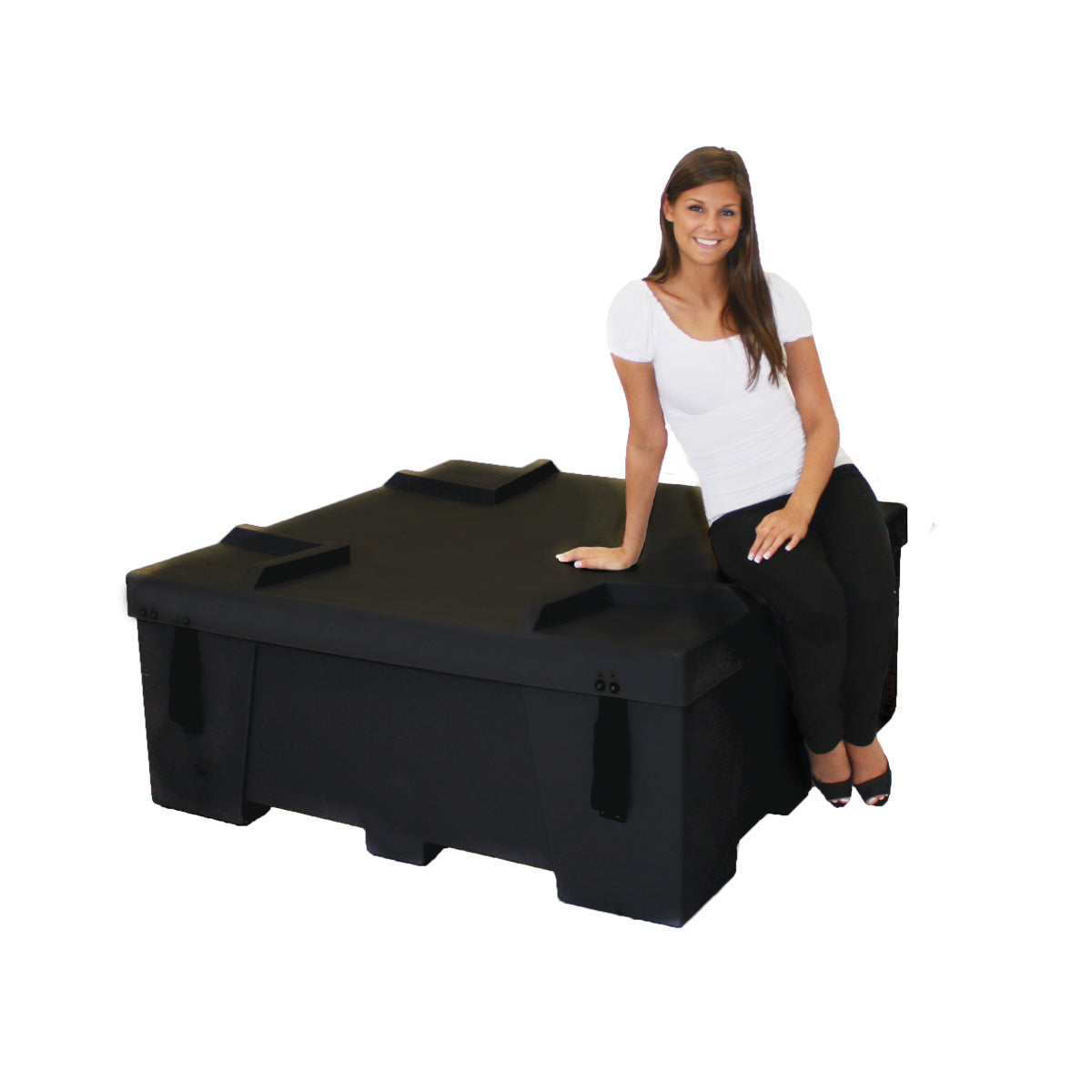 Portable hard case display base with woman sitting, ideal for trade shows and exhibitions