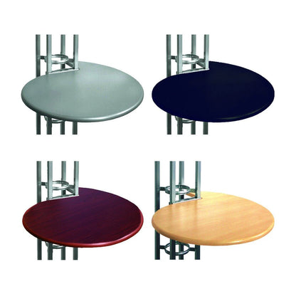 Four round tabletop surfaces attached to modular truss frames for trade shows and exhibitions