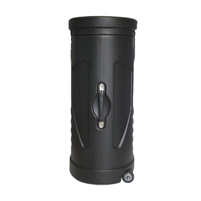 Durable cylindrical shipping case with handle and wheels for trade show and exhibition transport