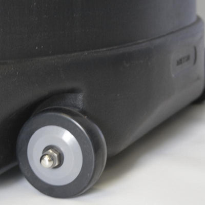 close-up of wheel on medium hard shipping case designed for trade shows and exhibitions