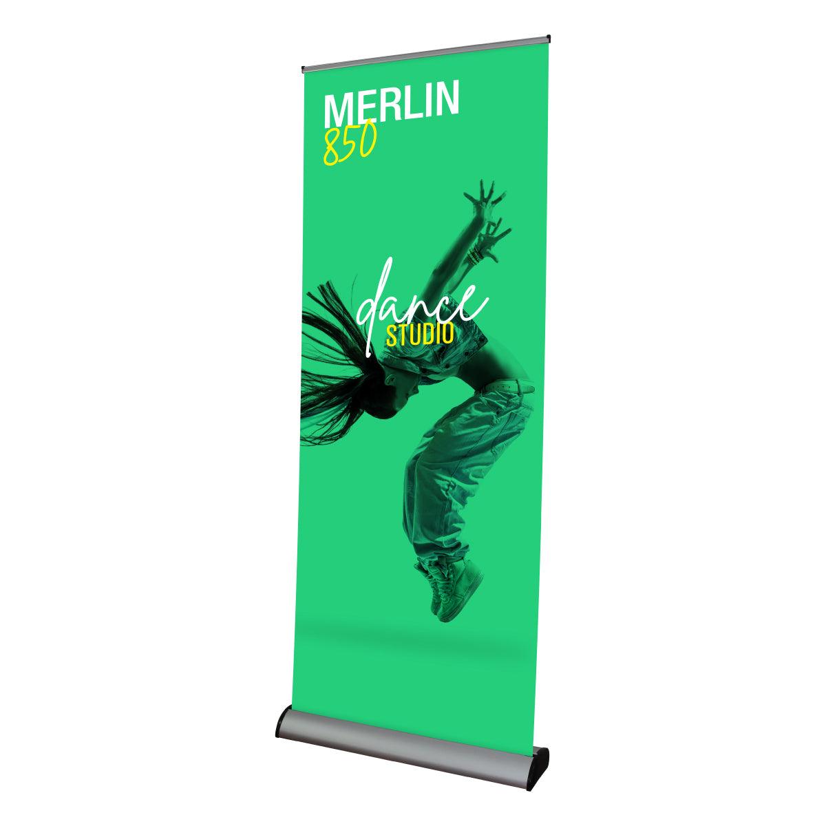 Retractable banner stand with dancer image promoting dance studio for trade shows and exhibitions
