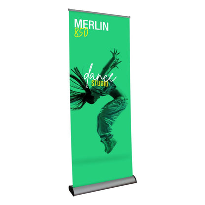 Retractable banner stand displaying dance studio promotion for trade shows and exhibitions