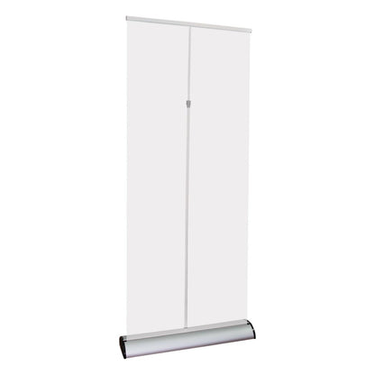 Retractable banner stand with blank graphic panel for trade shows and exhibitions
