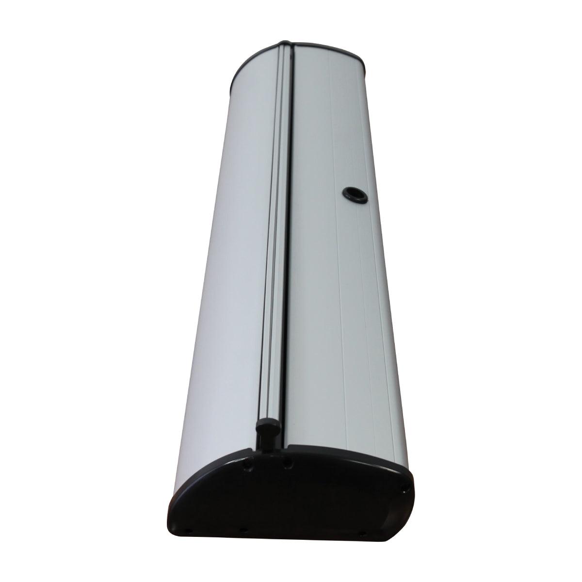 Compact retractable banner stand for trade shows and exhibitions with sturdy base and locking mechanism