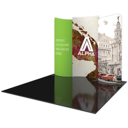 Curved 10ft trade show display with real estate branding and cityscape graphics for exhibitions