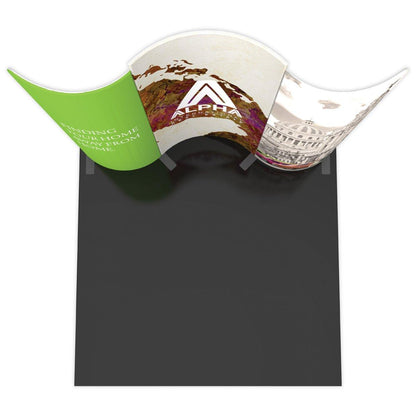 Curved 10ft trade show display with three panels featuring branding and travel imagery for exhibitions and events