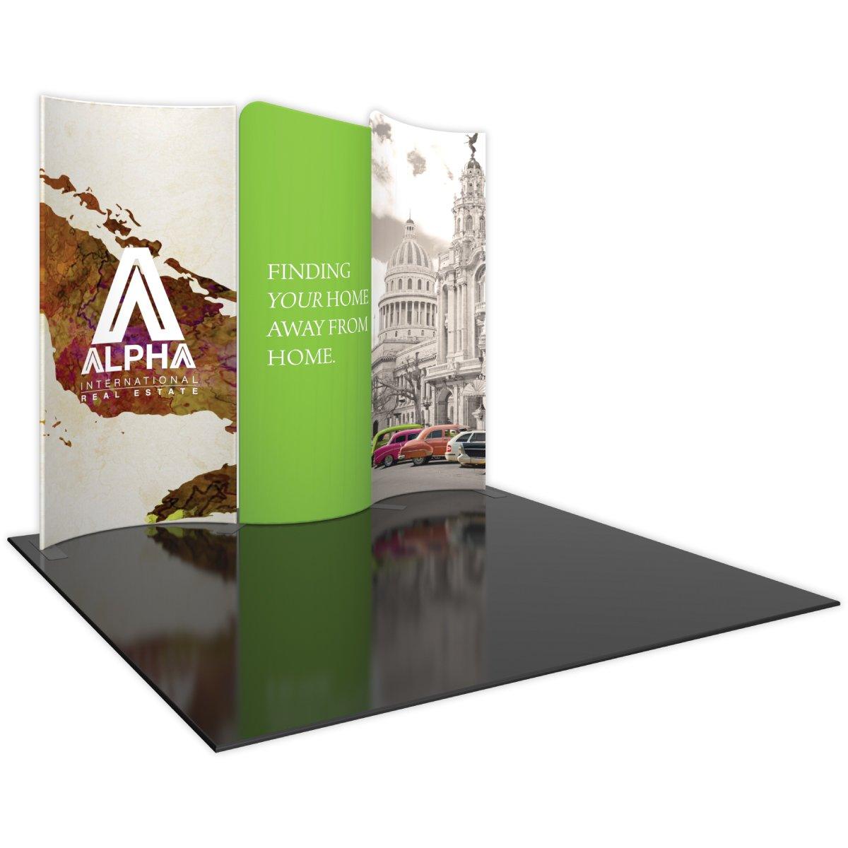 Curved 10ft trade show display kit with branded graphics for real estate exhibitions and events