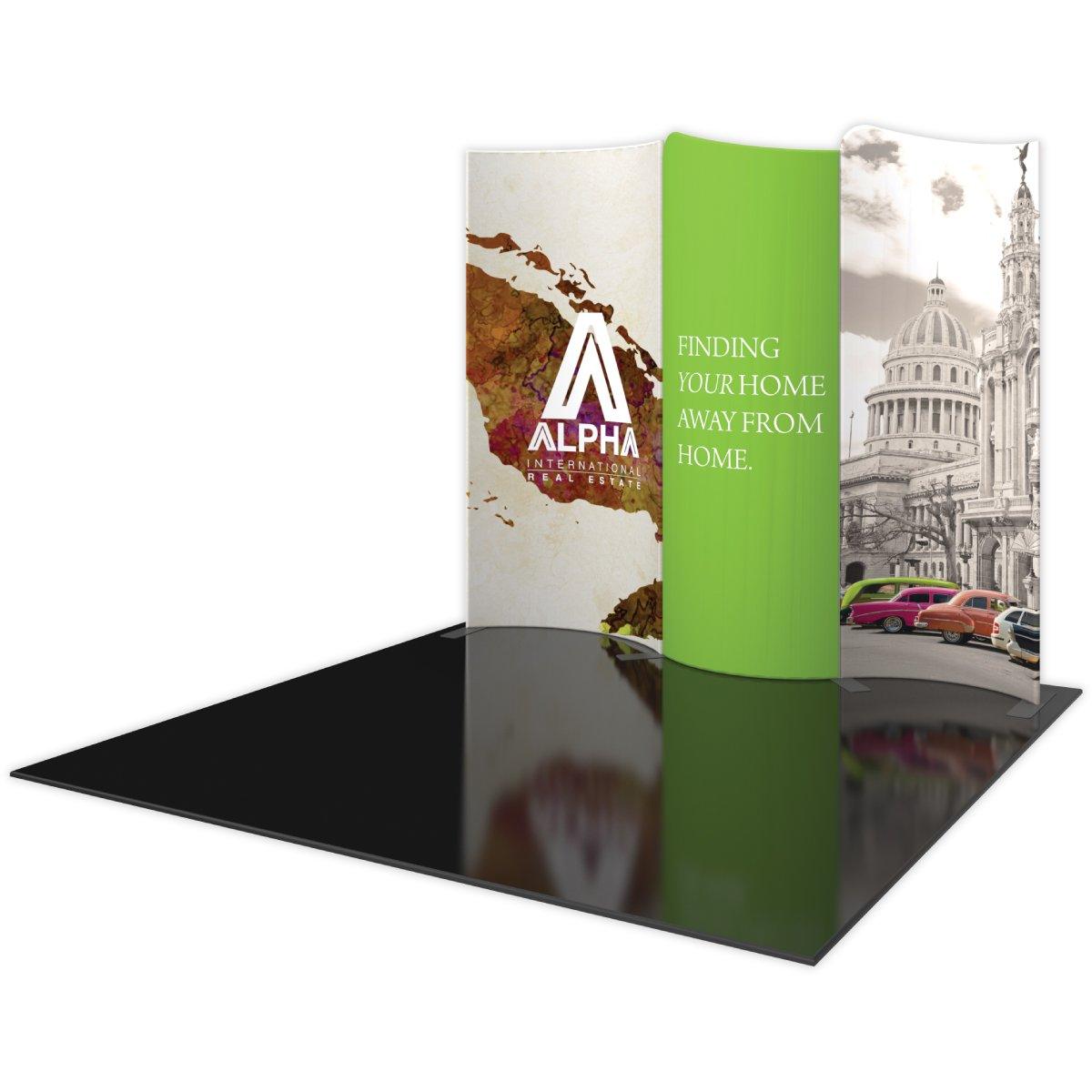 Curved trade show display booth featuring real estate branding and cityscape graphics for exhibitions and events