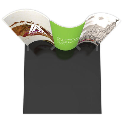 Curved 10ft trade show display with three fabric panels featuring graphics and text for exhibitions