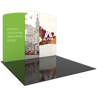 10ft trade show display with curved panels featuring real estate branding and city imagery
