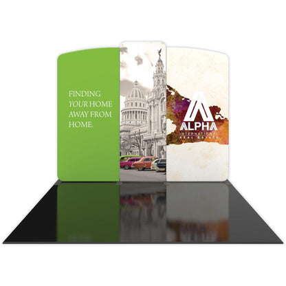 10ft curved trade show display booth featuring real estate branding and cityscape graphics