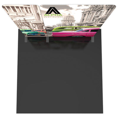 Curved 10ft trade show display with vintage cars and architecture graphics featuring Alpha real estate branding