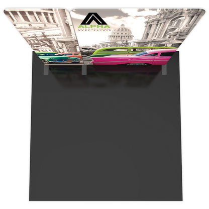 Curved 10ft trade show display with vintage cars and architecture graphics featuring Alpha real estate branding