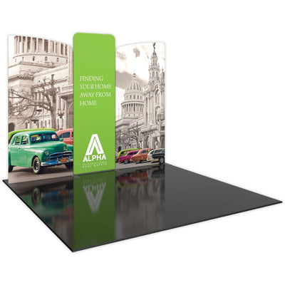 10ft trade show display kit with large graphic panels featuring vintage cityscape and international real estate branding