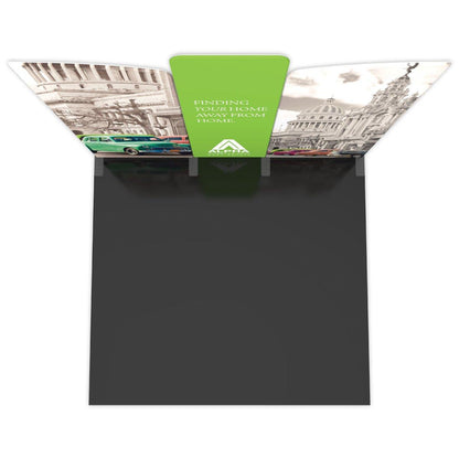 10ft trade show display with curved backdrop panels featuring vintage cityscape and central branding panel for exhibitions