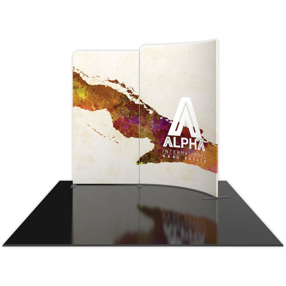 Curved fabric display with branding for trade shows and exhibitions on a glossy floor