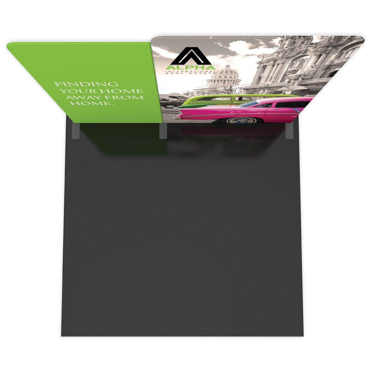 Curved trade show display featuring real estate branding and vintage cars, ideal for exhibitions and events