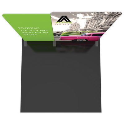 Curved trade show display featuring real estate branding and vintage cars, ideal for exhibitions and events