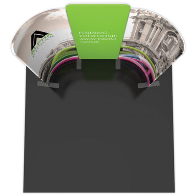 Curved 10ft trade show display with central panel and side wings featuring architectural and travel graphics