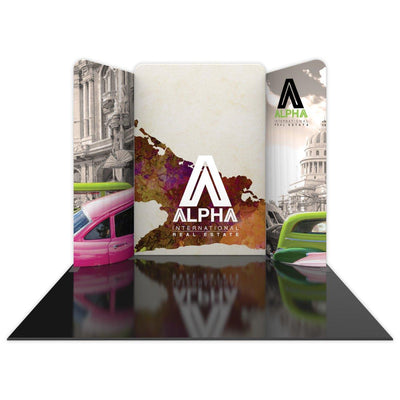Modular 10ft trade show display with curved panels and branded graphics for real estate exhibitions