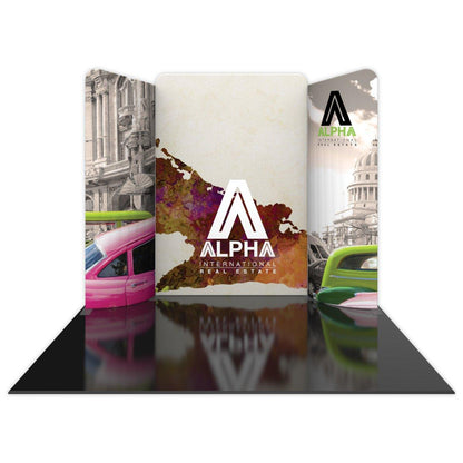 Modular 10ft trade show display with curved panels and branded graphics for real estate exhibitions