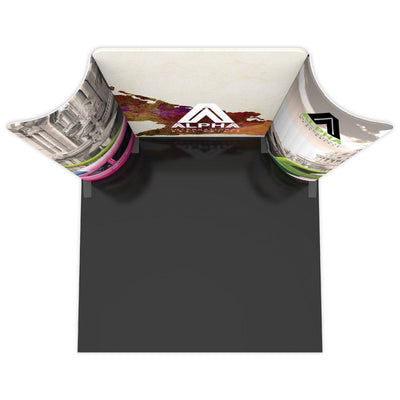 10ft curved trade show display booth featuring large printed graphics and company logos for exhibitions