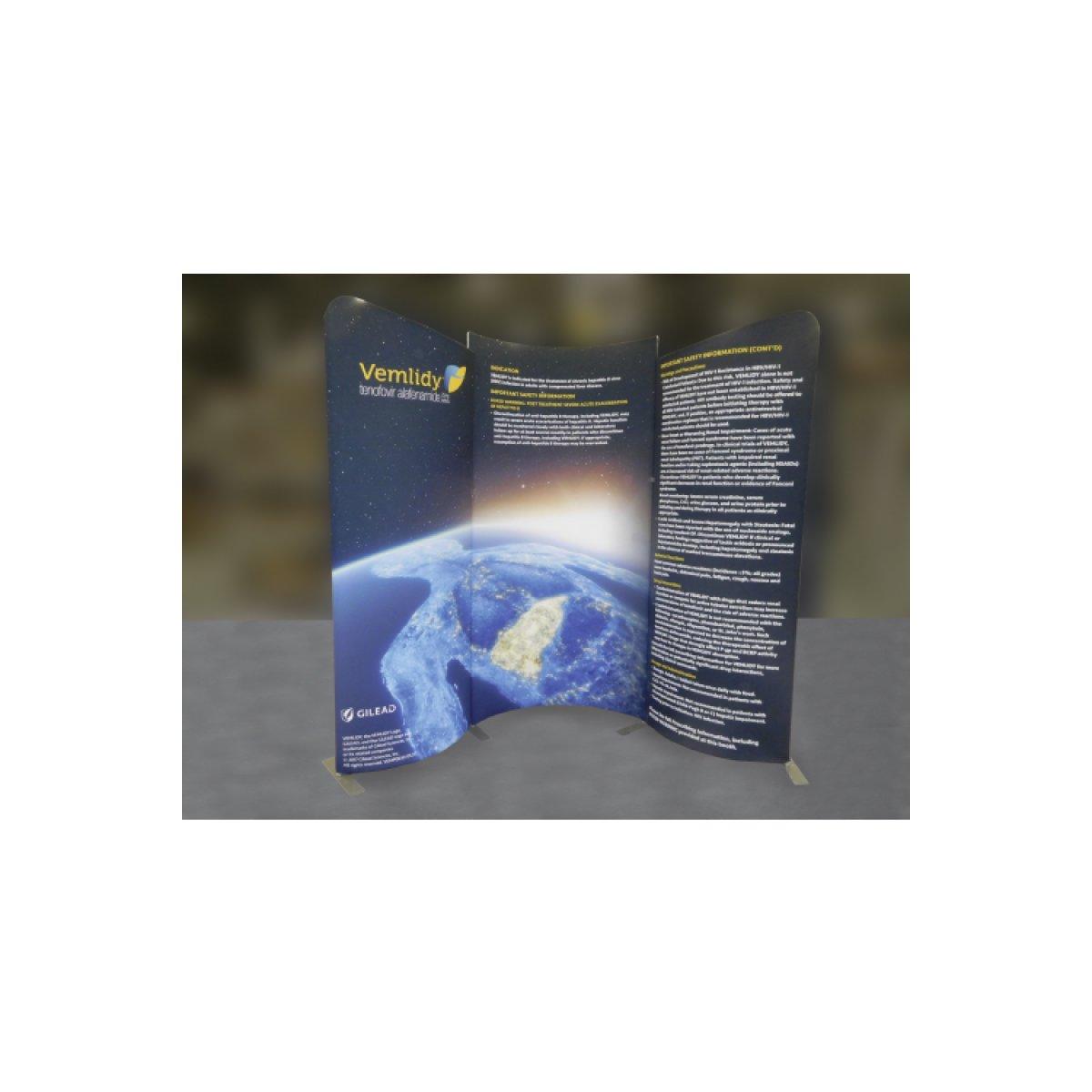 Curved three-panel trade show display featuring informational graphics and earth imagery for exhibitions