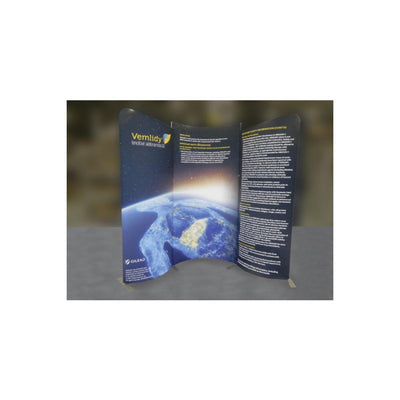 Curved three-panel trade show display featuring informational graphics and earth imagery for exhibitions