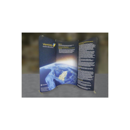 Curved three-panel trade show display featuring informational graphics and earth imagery for exhibitions