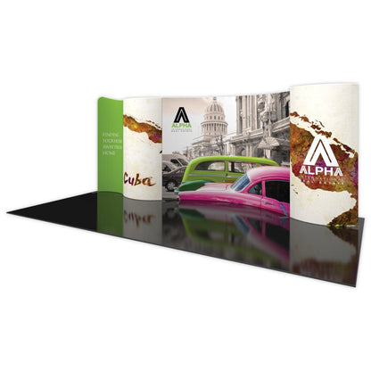 Curved 20ft trade show display with vintage cars and international real estate promotional graphics