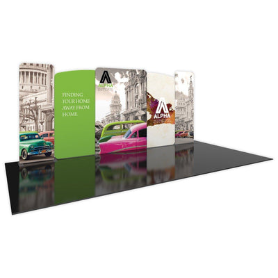 Curved trade show display kit featuring travel and real estate branding for exhibitions and special events