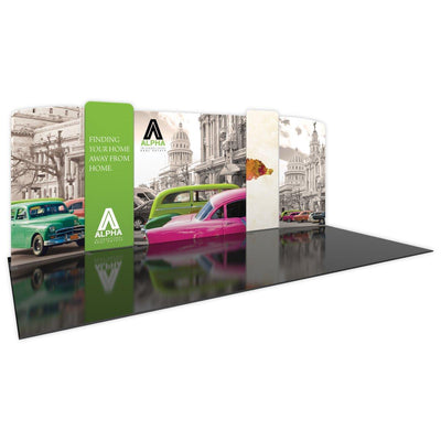 20ft modular trade show display with graphic panels featuring vintage cars and real estate branding