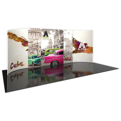 Curved 20ft trade show display featuring vintage cars and architectural images, ideal for exhibitions