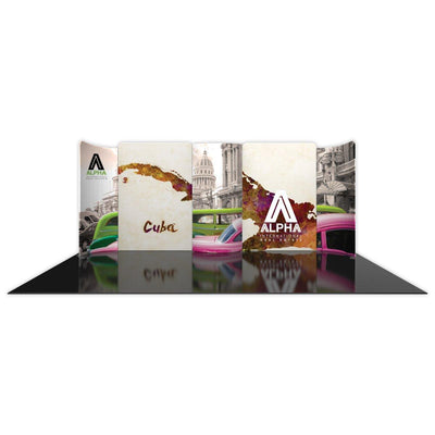 20ft curved trade show display featuring Alpha International Real Estate branding and Cuba-themed graphics