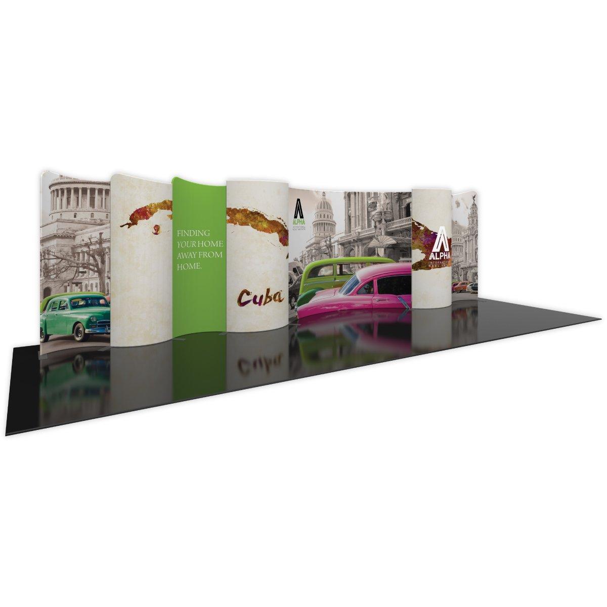 Curved modular trade show display kit featuring vintage cars and Cuba travel theme for exhibitions and events
