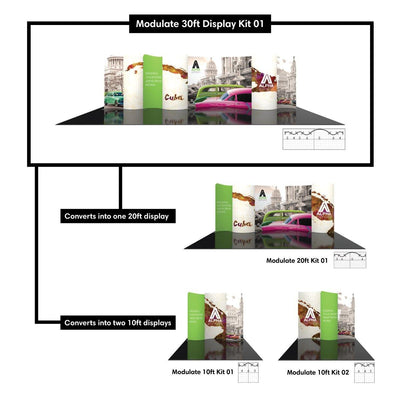 Modulate 30ft trade show display kit convertible into 20ft or two 10ft exhibition booths
