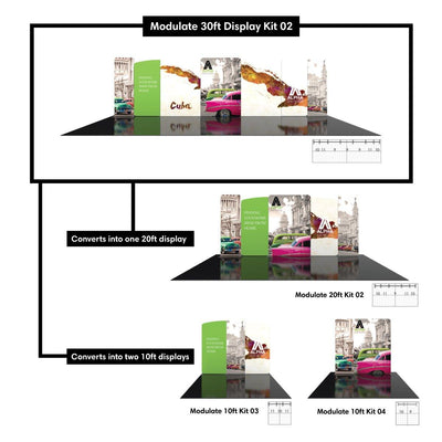 Modular trade show display kits converting 30ft setup into 20ft or two 10ft exhibition displays