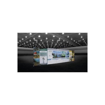 Trade show display setup featuring modular backwall panels with informational graphics for exhibitions and special events