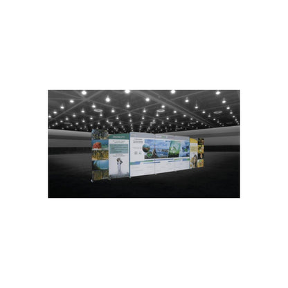 Trade show display setup featuring modular backwall panels with informational graphics for exhibitions and special events