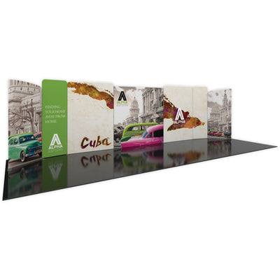 Trade show display kit featuring modular graphic panels with vintage cars and urban scenes for exhibitions