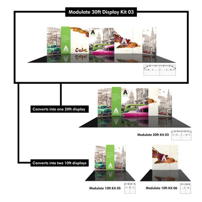 Modulate trade show display kits converting from 30ft to 20ft or two 10ft exhibition booth setups