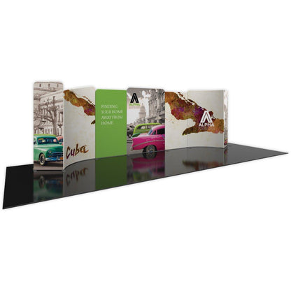 Curved trade show display kit featuring vintage cars and Cuba-themed graphics for exhibitions and events