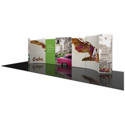Curved trade show display kit with Cuba-themed graphics and vintage cars for exhibitions and events