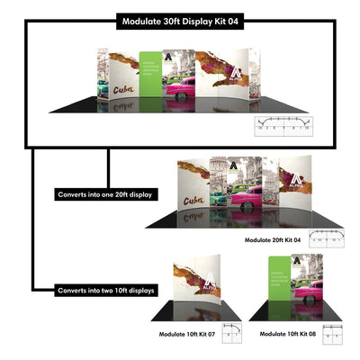 Modulate display kit configurations for trade shows including 30ft, 20ft, and two 10ft curved exhibits