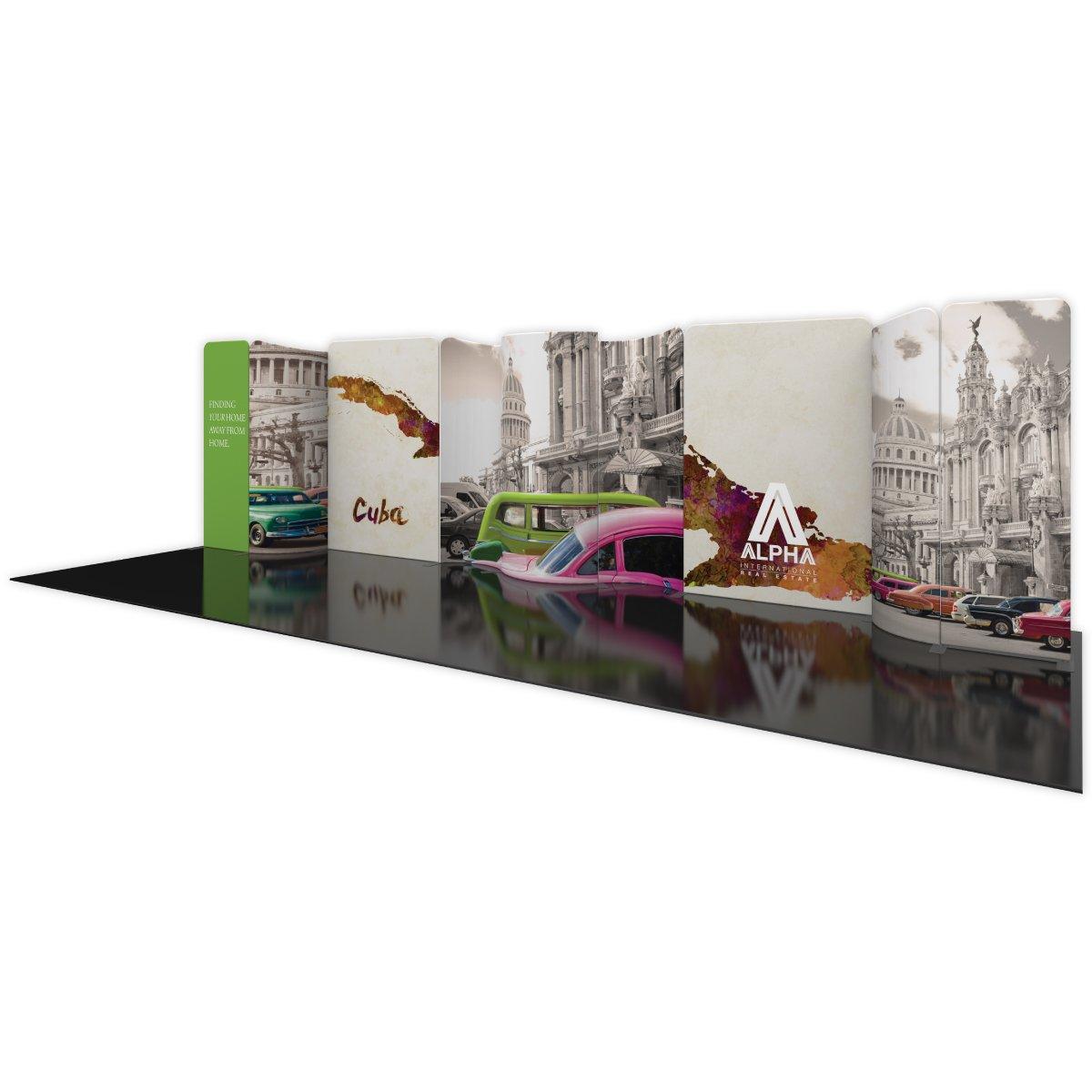 30ft trade show display kit featuring curved fabric panels with vintage city and car graphics for exhibitions