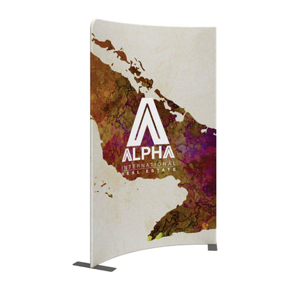 Curved fabric trade show display with Alpha International Real Estate branding for exhibitions and events