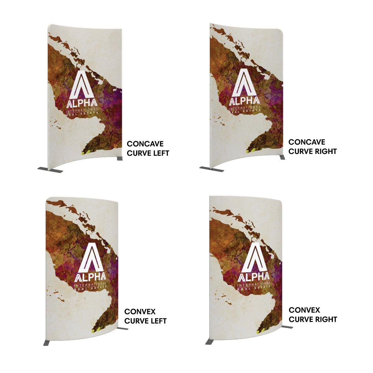 Trade show fabric display banners in concave and convex curved shapes for exhibitions and special events